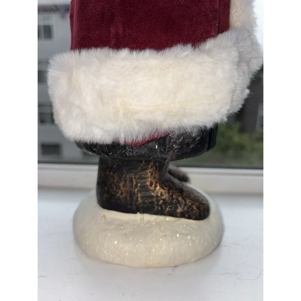 Freestanding Santa Claus Figurine Red Coat White Faux Fur Trim Fabric Decor